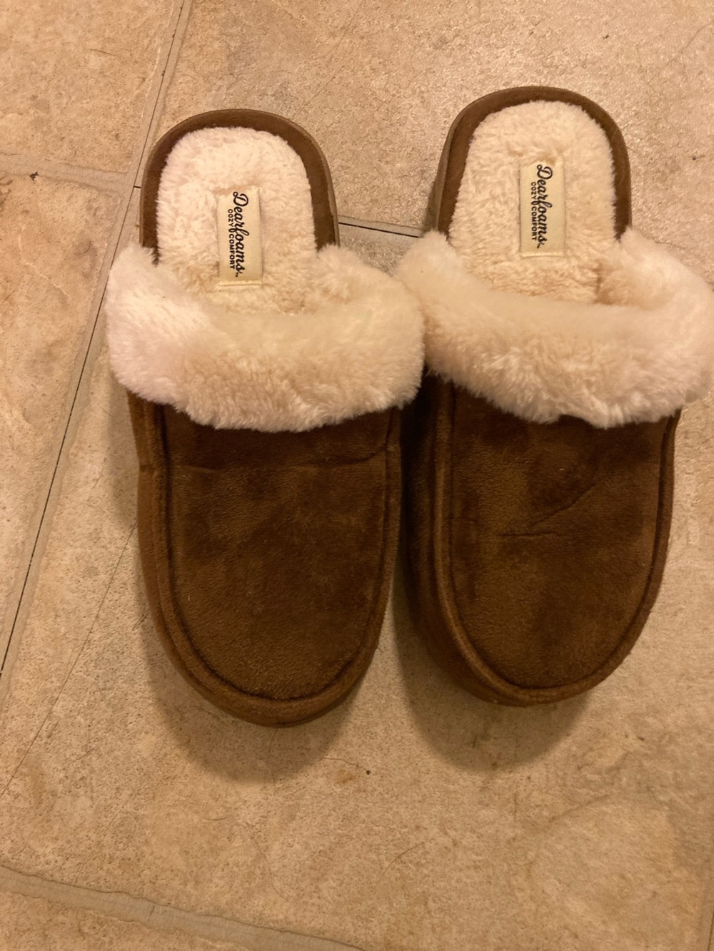 dearfoams Brown Suede-Look Slide Slippers with Cream Shearling